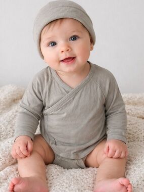 kate quinn Neutral Wrap-Front Long Sleeve Baby Bamboo Bodysuit